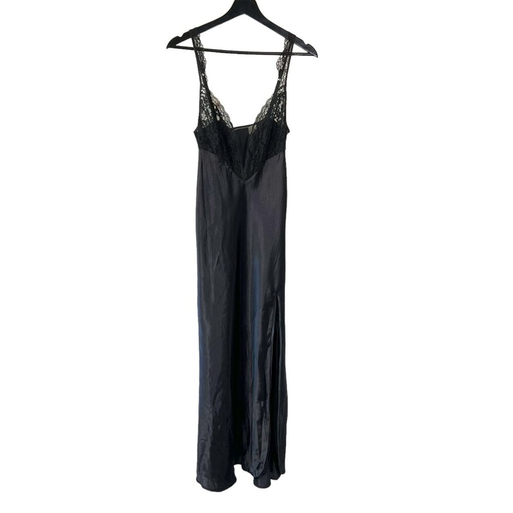 Vintage 90s Victorias Secret Black Satin Lace Bust Full Length Negligee Medium